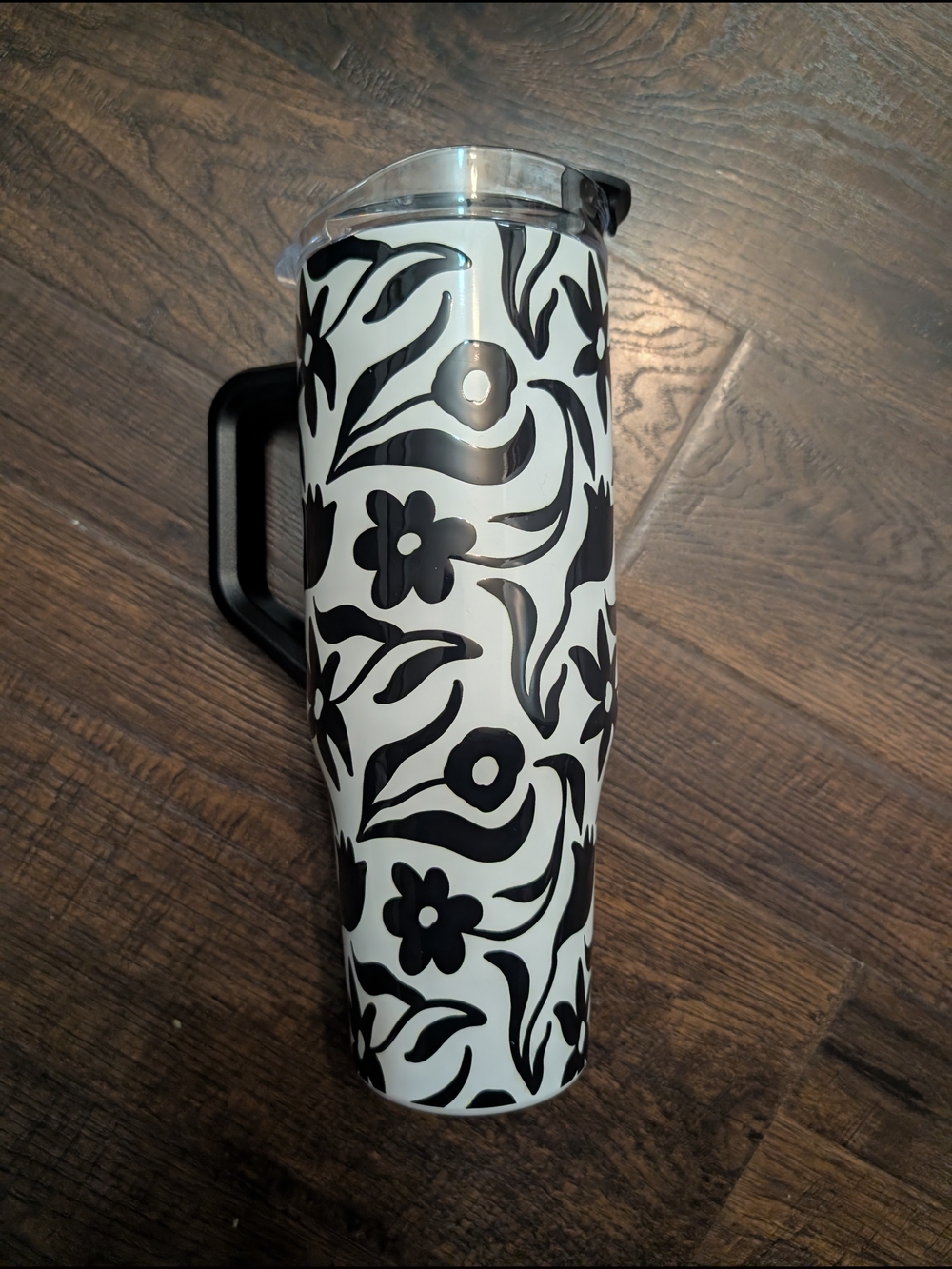 Hobby Lobby Black & White Floral Travel Tumbler with Handle
